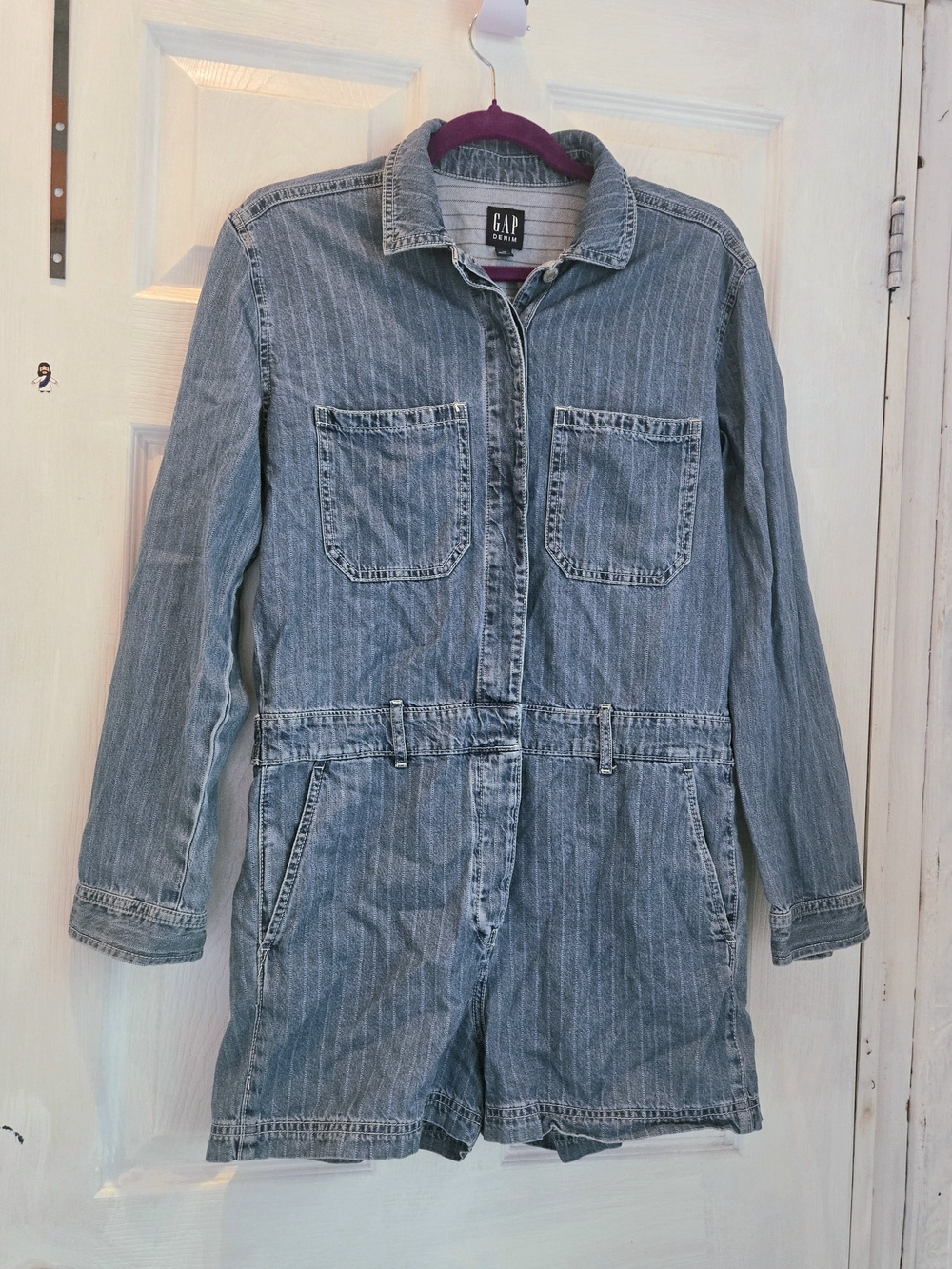 GAP Women's Blue Pinstripe Denim Romper Jacket